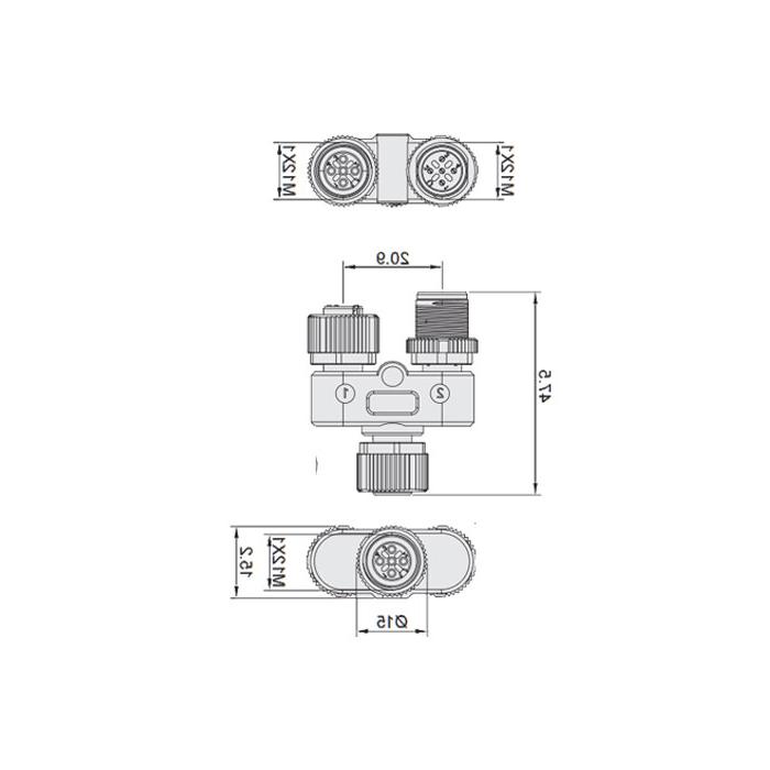 M12 8Pin female /M12 5Pin male +M12 5Pin female, Tee, 648551